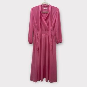 Pink Chiffon 3/4 Sleeve Midi Dress V Neck With Tie Scarf Fits Like M